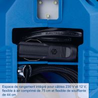 Built-in cable storage for 230V and 12V cables with flexible compressed air lengths (75 cm and 44 cm)