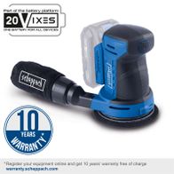 Scheppach cordless orbital sander featuring 10-year warranty, 20V battery set, protective glove included, full warranty registration required