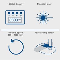 Bench drill with digital speed display (2600 rpm), precision laser guide, variable speed range (500–2600 min⁻¹), quick-clamp screw