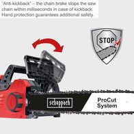 Scheppach electric chainsaw featuring anti-kickback and ProCut system for rapid chain stop