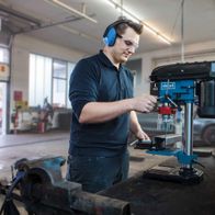 Scheppach bench pillar drill with laser alignment in workshop setting
