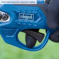 Front-hand guard for maximum safety on Scheppach cordless pruning shears