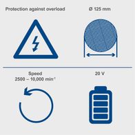 The cordless angle grinder C-AG125-X Scheppach features overload protection, a 125 mm grinding disc, an adjustable speed of 2500-10000 min⁻¹, and operates at 20 V. It includes a 4Ah battery and a 2,4A charger.