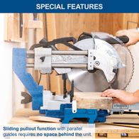 Sliding cross-cut saw with parallel guides requiring no space behind the unit for accurate cuts