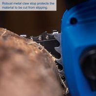 Robust metal claw stop prevents material slip during cutting