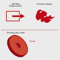 Technical details: 220W engine power, compact design, grinding disc width 3,2 mm