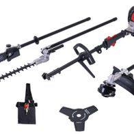 Scheppach 4-in-1 petrol-powered tool set with starter cord, chainsaw attachment, drill bit holder, and wrench socket
