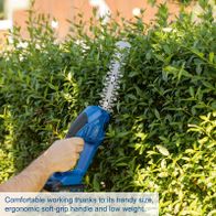 Compact cordless grass and shrub shears with ergonomic handle and lightweight design for comfortable use.