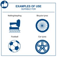 Examples of typical uses: sewing, stapling, bicycle tires, football, car tires