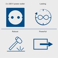 Key features of a generator: dual 230V power outlets, long-lasting operation, robust and powerful design