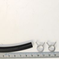 A fuel pipe with two metal clamps and a ruler for size reference. The pipe is approximately 90 cm long with an outer diameter of 10 mm. The clamps are used to secure the pipe.