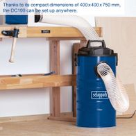 Scheppach DC100 compact vacuum cleaner with 400x400x750 mm dimensions and flexible suction hose