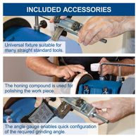 Accessories set featuring universal fixture for various tools, honing compound for polishing workpieces, and angle gauge for quick grinding angle adjustment