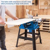 Table saw with extendable table extensions for processing large workpieces