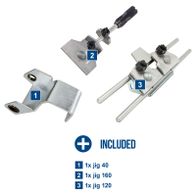 Scheppach jig set featuring three different jig clamps (40, 120, 160) for precise tool fixing