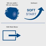 Scheppach multi-drum satin finishing machine details: 100 mm brush width, 120 mm diameter, 1300W motor, soft start feature