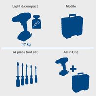 Feature comparison: Lightweight tool (1.7 kg), mobile tool set, 74-piece set with screwdrivers, and all-in-one drill with carrying case