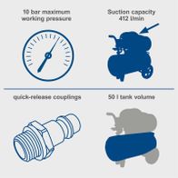 Scheppach compressor features: 10 bar pressure, 50L tank, 412 l/min suction capacity, quick-release couplings