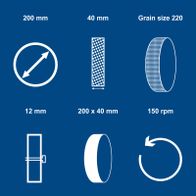 Scheppach wet grinding stone, 200 x 40 x 12 mm, grain size 220, showing rotation direction and speed for grinding