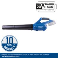 Scheppach cordless leaf blower featuring a 10-year warranty with battery and charger