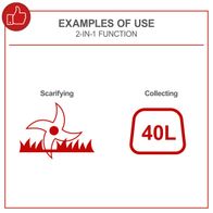 Two-in-one tool illustrating scarifying function and 40-litre collection bin