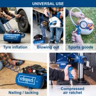 Scheppach air compressor with accessory kit for versatile uses including tyre inflation, blowing out, nailing/tacking, and air ratchet operation.
