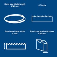 Band saw blade measuring 1790 mm in length, 6 mm wide, 0.35 mm thick with 4 teeth per inch