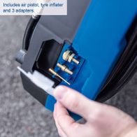 Portable air compressor with tyre inflator, air pistol, and three adapters for tyre fitting