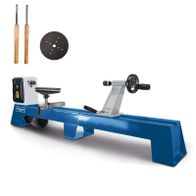 Scheppach wood lathe DM1100T with included accessory set: lathe bed, tool carriage, spindle mount, and carving tools