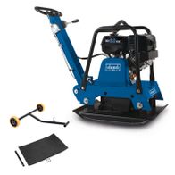 Scheppach plate compactor with handle, rubber mat, and steering wheel assembly, including engine and mechanism