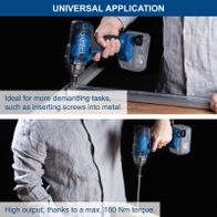 High-output cordless impact driver with maximum 180 Nm torque for precise tasks.