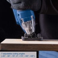 Cordless jigsaw with seven adjustable cutting angles ranging from -45° to +45°