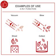 4-in-1 leaf vacuum/blower functions: vacuuming, blowing, shredding, and collecting leaves