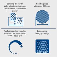 Wall and ceiling sander with Velcro attachment for easy abrasive paper replacement, 215 mm disc diameter, variable speed 1500–3200 rpm, ergonomic soft grip design
