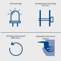 Key features: LED work light, grinding stone mounting (12.7 mm), adjustable work piece support, grinding wheel speed (2850 rpm)