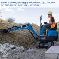Compact mini excavator with 2,330 mm reach for sloped terrain work