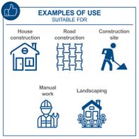 Diagram showing typical applications of Scheppach plate compactors: soil compaction, road construction, landscaping, and manual work.