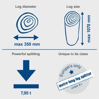 Compact log splitter featuring max diameter of 350 mm and max length of 1070 mm, powerful splitting capability and unique in its class under 7.95 tonnes weight.