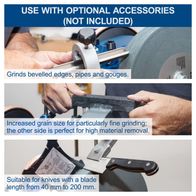 Wet grinding system with dual-sided grinding wheel for fine edge, pipe, and gouge grinding; suitable for both fine grinding and heavy material removal.