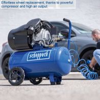 Scheppach air compressor featuring powerful air output for efficient tool refilling, with control elements and sturdy design