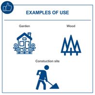Examples of Scheppach dumper usage in garden, wood storage, and construction site