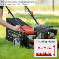 Scheppach petrol lawn mower with 7 height settings from 25 mm to 75 mm