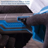 Speed control from 2500 to 10000 rpm via adjustment wheel on cordless angle grinder