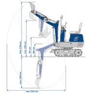Key technical dimensions of the Scheppach mini excavator showing maximum arm reach and working radius