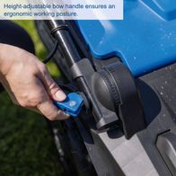 Adjustable-height bow handle for ergonomic operation of Scheppach lawnmower