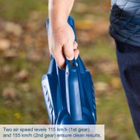 Cordless leaf blower featuring two air speed settings (115 km/h and 155 km/h) for clean results
