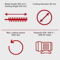 Technical specs for electric telescopic hedge trimmer: blade length, cutting length and diameter, max. 1000 rpm, 230–240 V, 1000 W