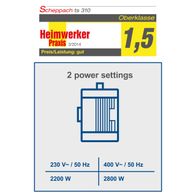 Scheppach TS310 table saw showing dual power settings: 2200W at 230V and 2800W at 400V