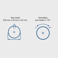 255 mm diameter circular saw blade (30 mm width, 2.8 mm thickness) with adjustable angle 0° to 45°