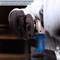 The Scheppach Cordless Angle Grinder C-AG125-X features a protective, shatter-proof cover that can be adjusted without the need for tools.